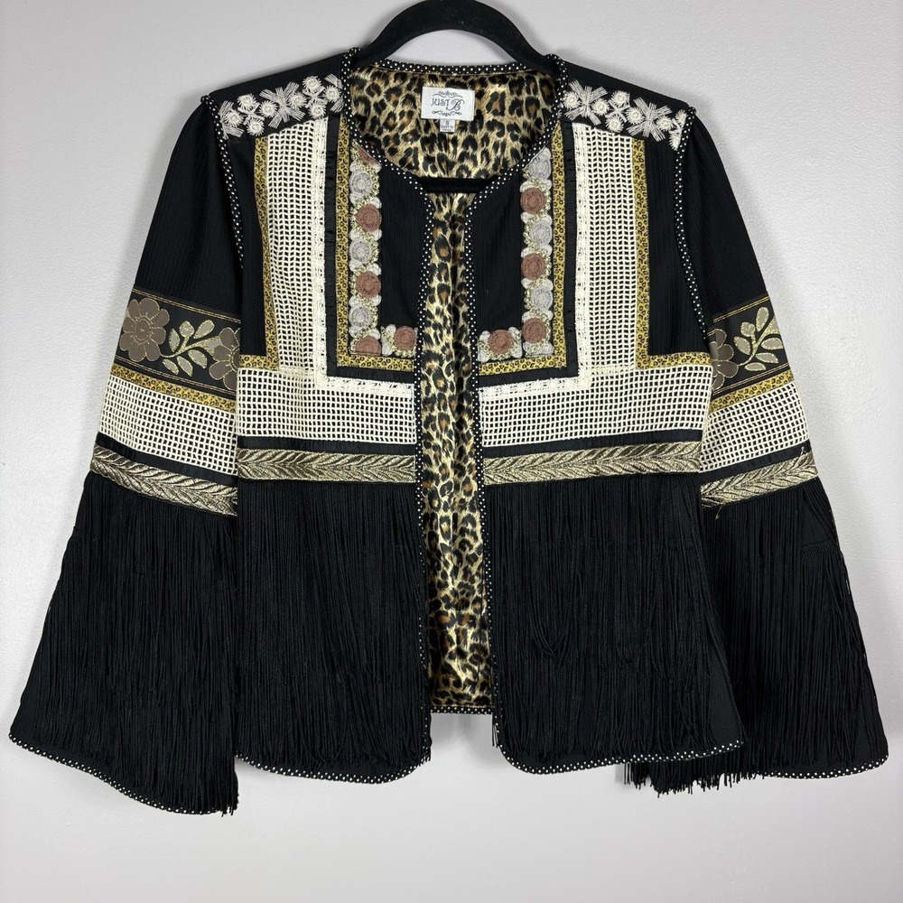 Just B Women's Small Embroidered Fringe Boho Western Cowgirl Open Front Jacket